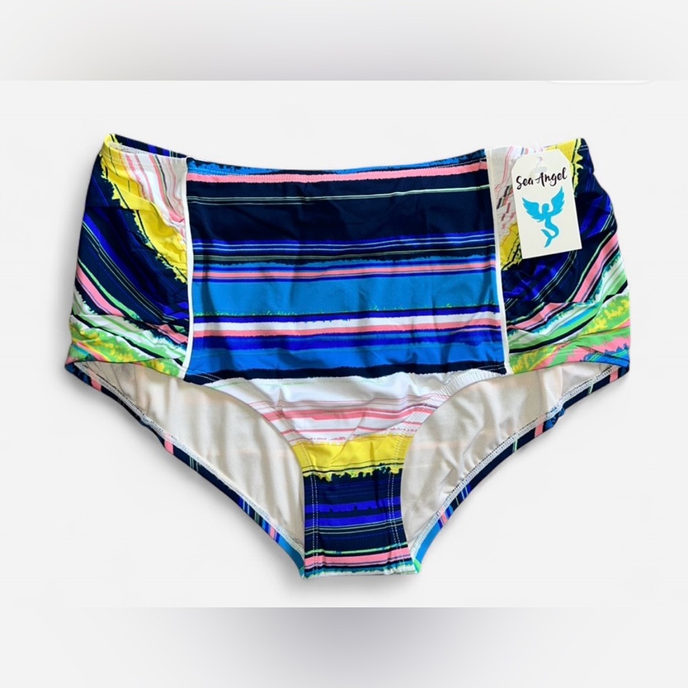 Sea Angel Striped Bikini Bottom Blue Yellow Pink Size L NWT